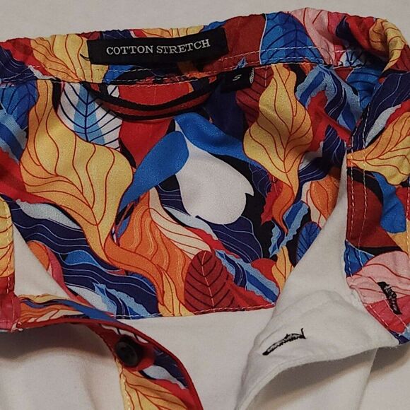 Cotton Stretch white polo Contrasting collar in colorful print Men's small - Picture 7 of 12